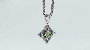 Sterling silver Peridot Quartz pendant with ornate diamond-shaped Balinese filigree