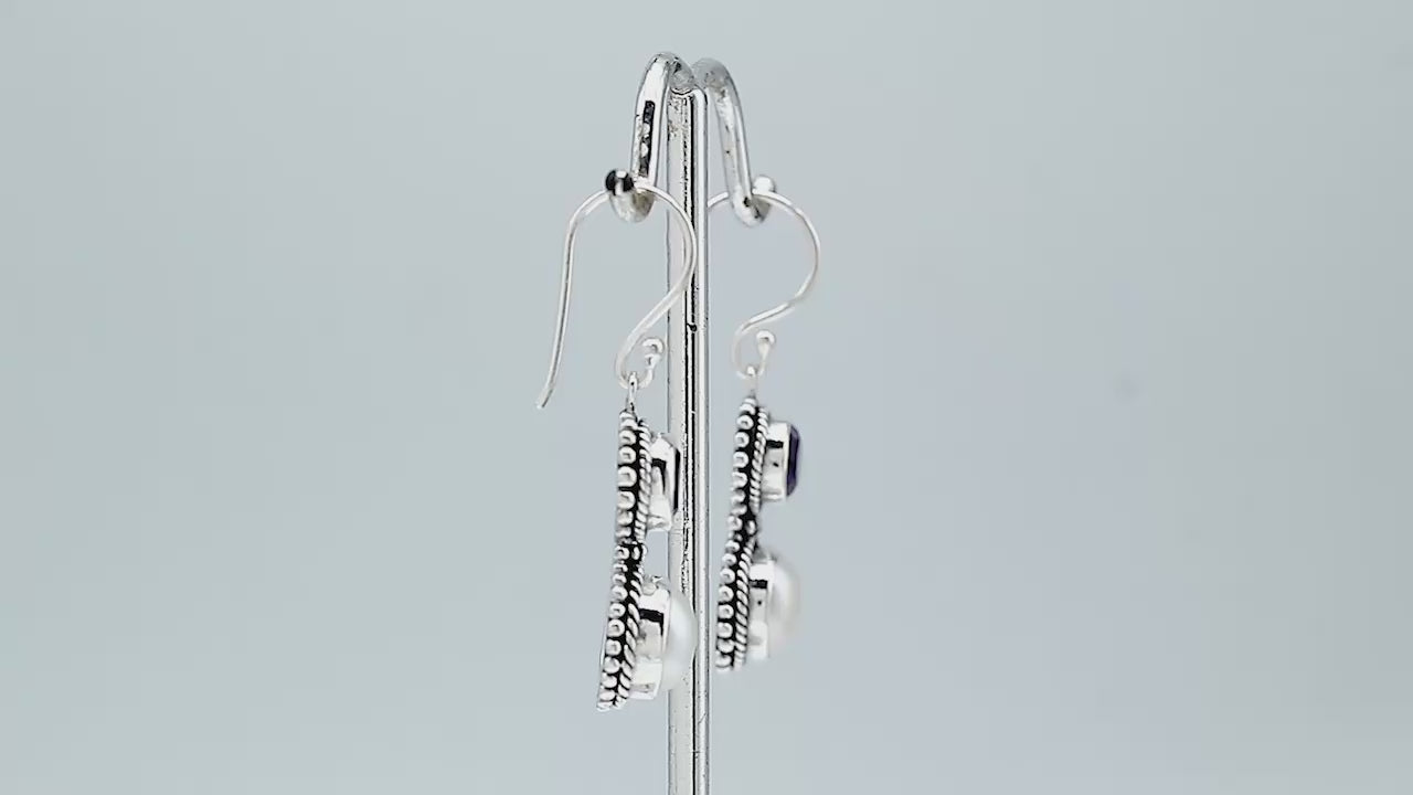 Sterling Silver Amethyst Quartz White Pearl Dual-Stone Rope Accent Earrings