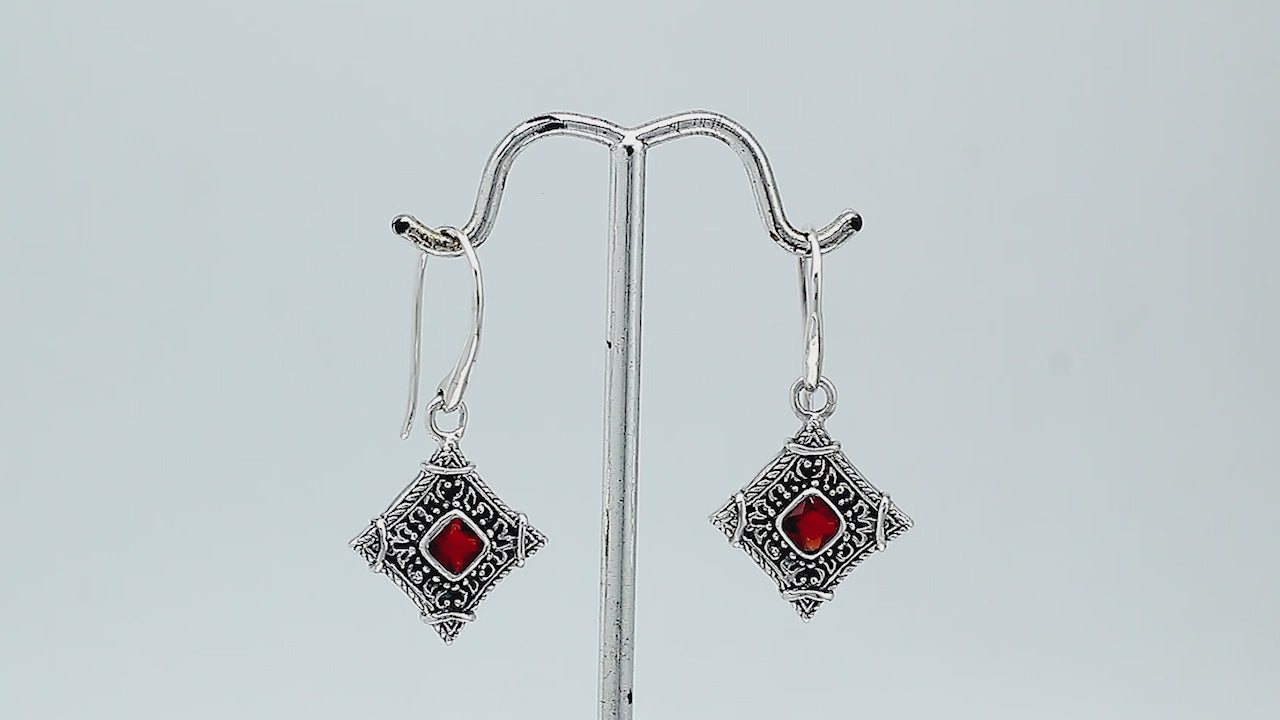 Sterling silver Garnet Quartz drop earrings with ornate diamond-shaped Balinese filigree