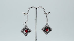 Sterling silver Garnet Quartz drop earrings with ornate diamond-shaped Balinese filigree