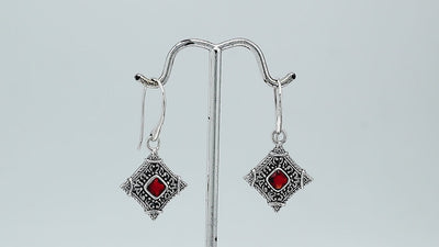Sterling silver Garnet Quartz drop earrings with ornate diamond-shaped Balinese filigree