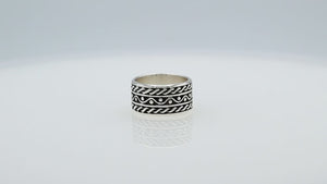 Wholesale sterling silver wide band ring with rope and dot oxidized design, handcrafted 925 unisex silver jewelry from Bali for bulk orders and resellers.