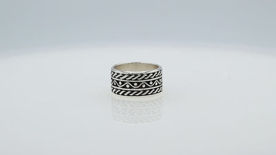 Wholesale sterling silver wide band ring with rope and dot oxidized design, handcrafted 925 unisex silver jewelry from Bali for bulk orders and resellers.