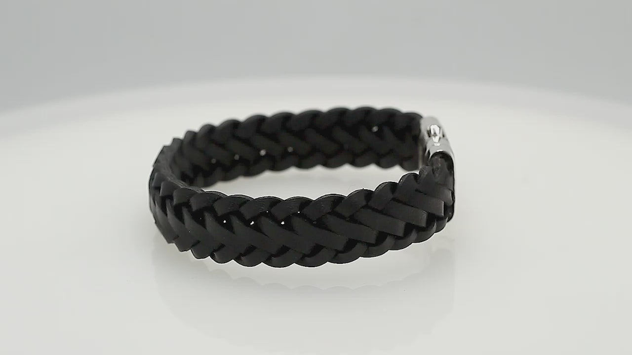 Sterling silver bracelet with black braided leather band for wholesale