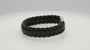 Sterling silver bracelet with black braided leather band for wholesale