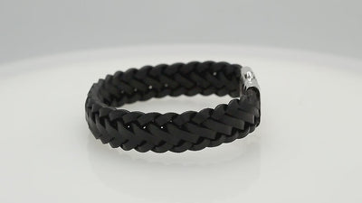 Sterling silver bracelet with black braided leather band for wholesale