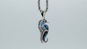 Wholesale sterling silver seahorse pendant with genuine abalone shell inlay, handcrafted in Bali – ocean-inspired artisan jewelry for bulk buyers.