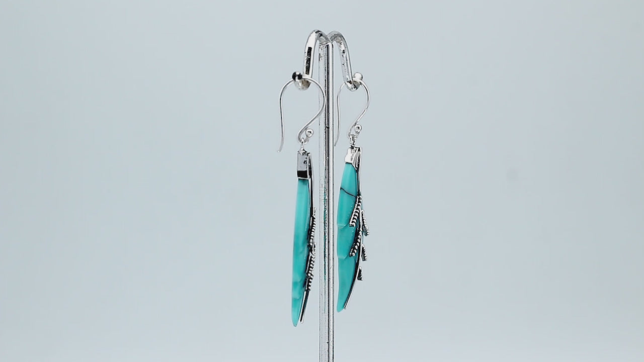 Sterling silver turquoise shell carved leaf earrings pair with polished finish