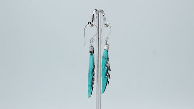 Sterling silver turquoise shell carved leaf earrings pair with polished finish