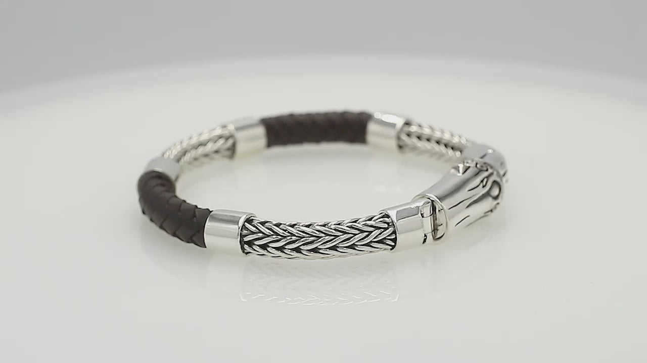 Sterling Silver Braided Chain Bracelet With Brown Leather And Push Clasp