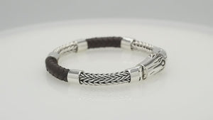 Sterling Silver Braided Chain Bracelet With Brown Leather And Push Clasp