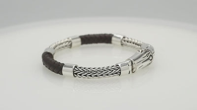 Sterling Silver Braided Chain Bracelet With Brown Leather And Push Clasp