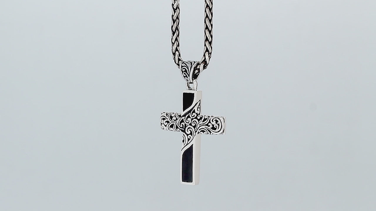 Sterling silver ornate cross pendant with black shell inlay and oxidized scroll detailing