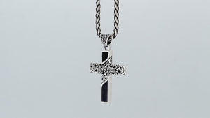 Sterling silver ornate cross pendant with black shell inlay and oxidized scroll detailing