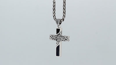 Sterling silver ornate cross pendant with black shell inlay and oxidized scroll detailing