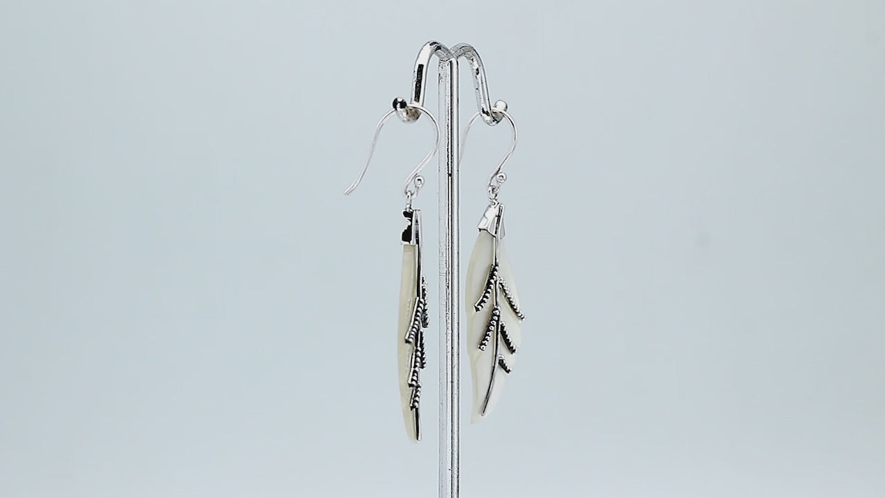 Sterling silver mother of pearl carved leaf earrings pair with polished finish