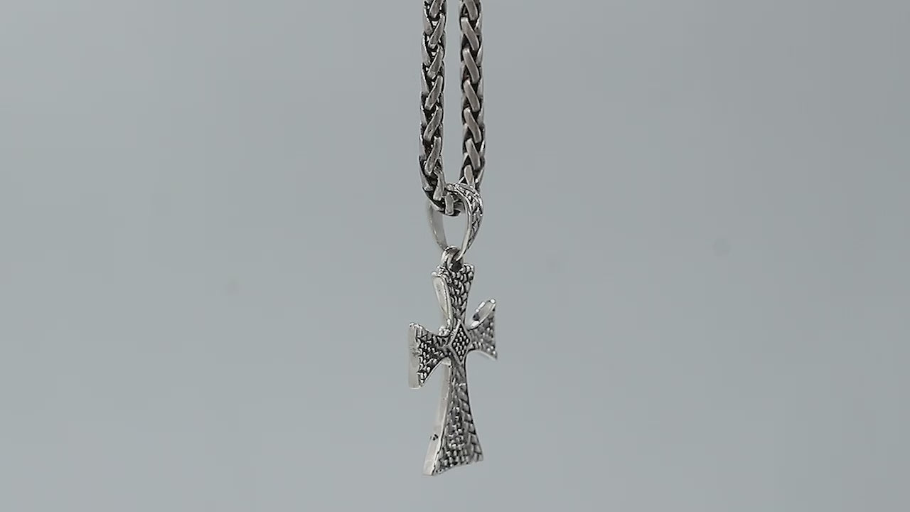 Wholesale sterling silver cross pendant with textured patterns and oxidized finish, handcrafted Bali artisan jewelry for bulk buyers.