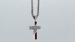 Sterling silver ornate cross pendant with red coral inlay and oxidized scroll detailing
