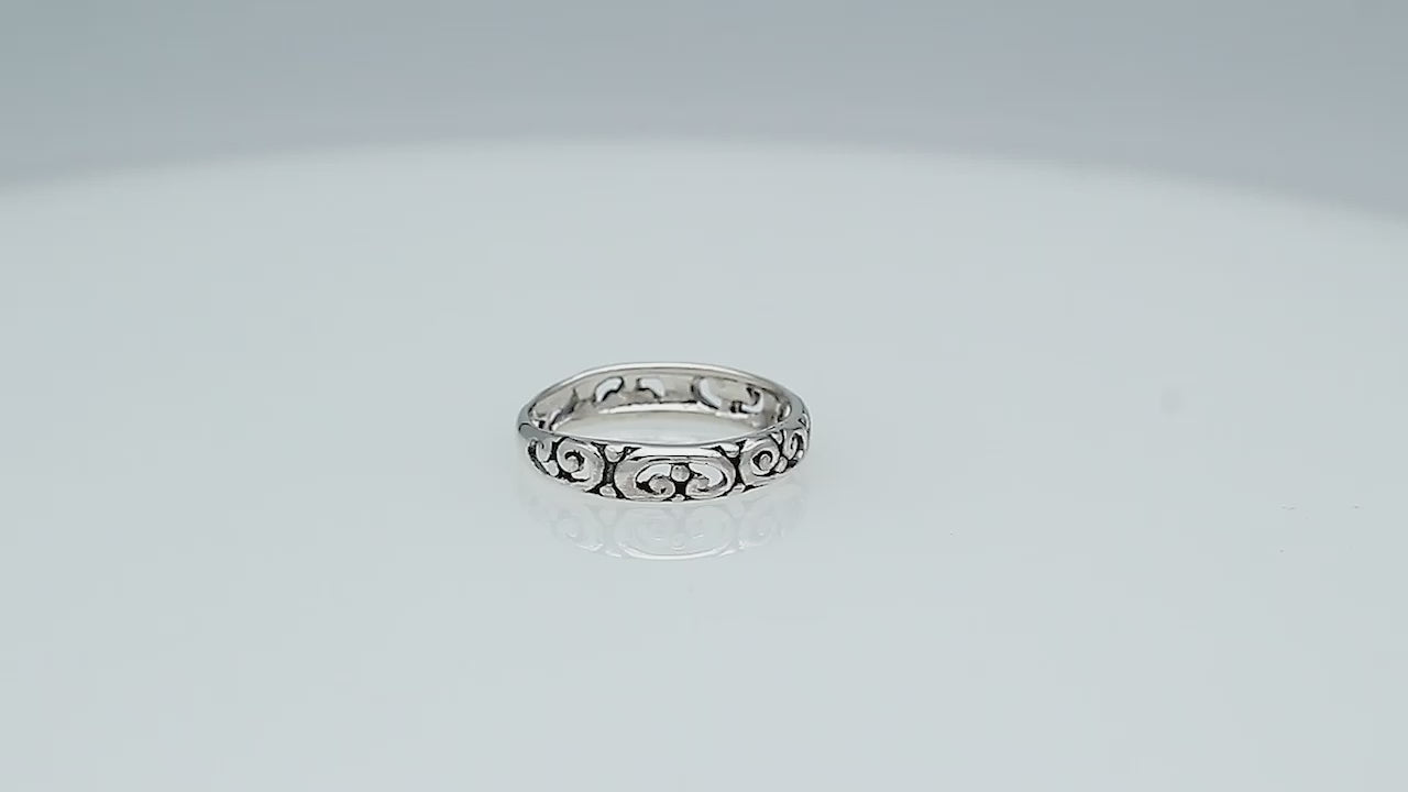 Wholesale sterling silver filigree band ring with Balinese scroll openwork design, handcrafted artisan jewelry from Bali.