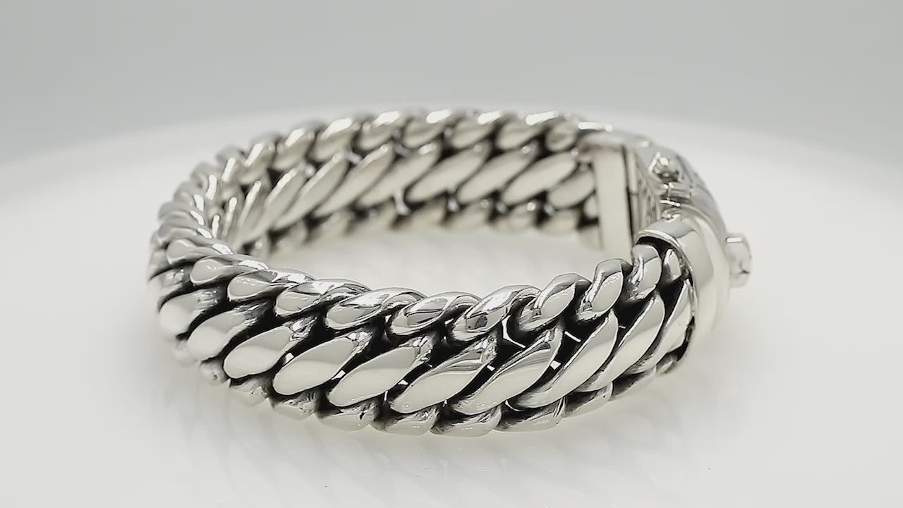 925 sterling silver heavy curb chain bracelet with engraved box clasp lock.