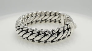 925 sterling silver heavy curb chain bracelet with engraved box clasp lock.