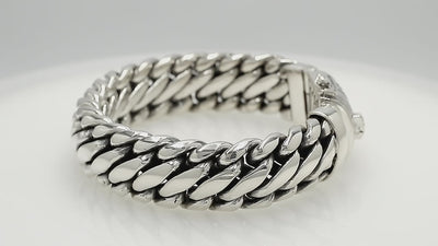 925 sterling silver heavy curb chain bracelet with engraved box clasp lock.