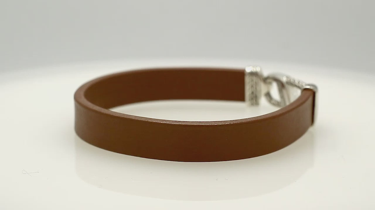 925 Sterling Silver Bracelet With Brown Leather And Hook Lock On White Background