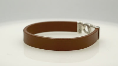 925 Sterling Silver Bracelet With Brown Leather And Hook Lock On White Background