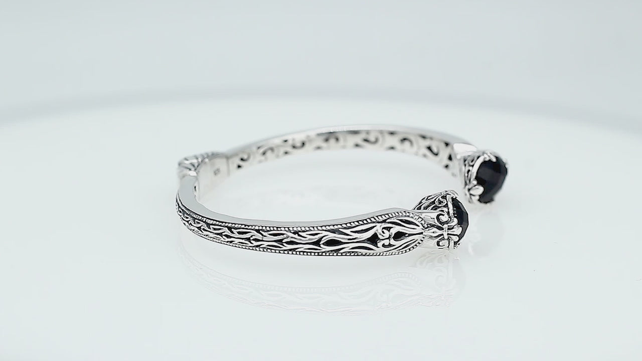 Sterling silver Black Onyx open cuff bangle bracelet with Balinese scrollwork accents