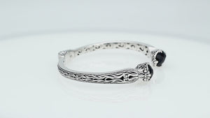 Sterling silver Black Onyx open cuff bangle bracelet with Balinese scrollwork accents