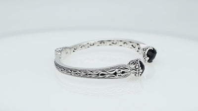 Sterling silver Black Onyx open cuff bangle bracelet with Balinese scrollwork accents