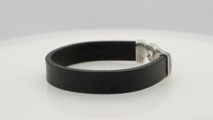 925 Sterling Silver Bracelet With Black Leather And Hook Lock On White Background