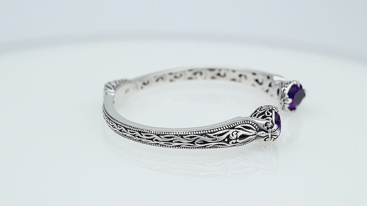 Sterling silver Amethyst Quartz open cuff bangle bracelet with handcrafted Balinese detailing