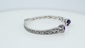 Sterling silver Amethyst Quartz open cuff bangle bracelet with handcrafted Balinese detailing