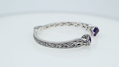Sterling silver Amethyst Quartz open cuff bangle bracelet with handcrafted Balinese detailing