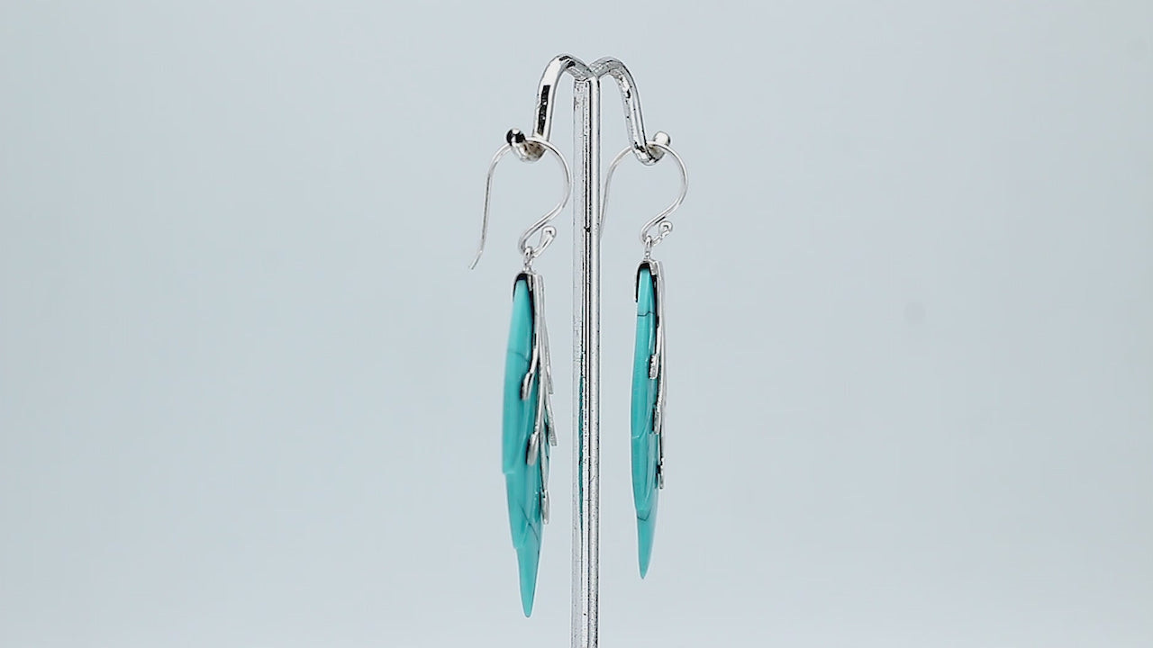 Sterling silver turquoise shell leaf earrings with carved detailing and high polish finish