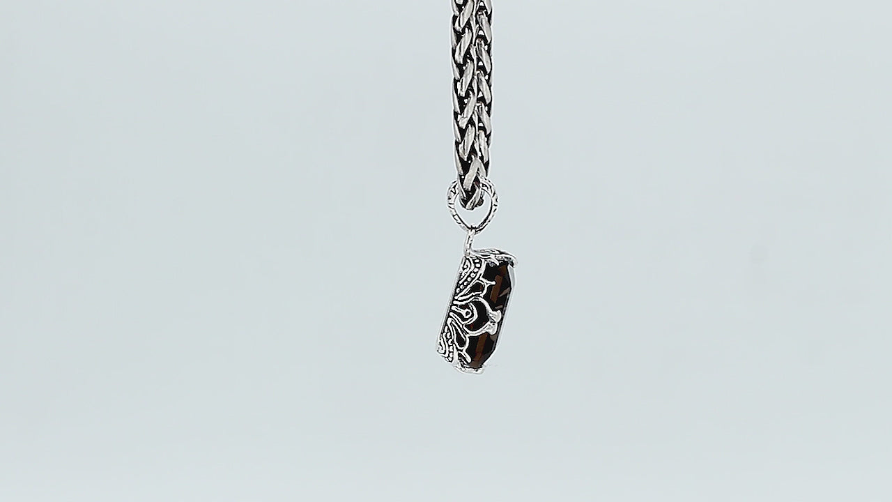 Sterling silver Smokey Quartz emerald cut pendant with handcrafted Balinese silver detailing