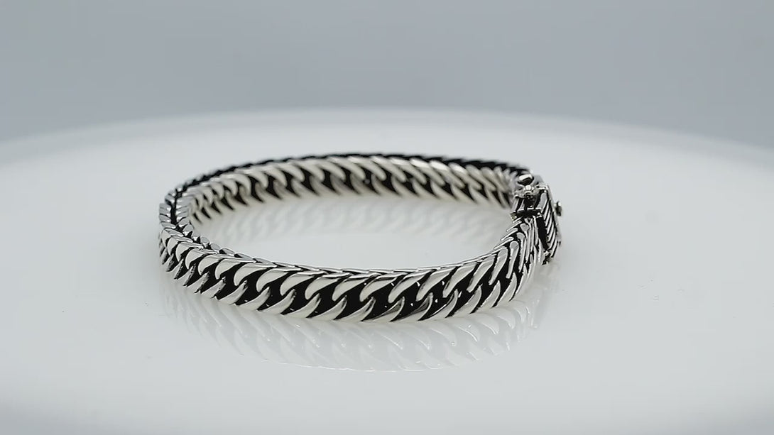 Sterling silver curb chain bracelet with textured box clasp handcrafted in Bali