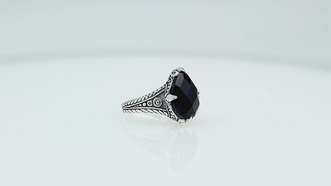 Sterling silver Black Onyx pear shape statement ring with handcrafted Balinese detailing