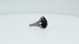 Sterling silver Black Onyx pear shape statement ring with handcrafted Balinese detailing
