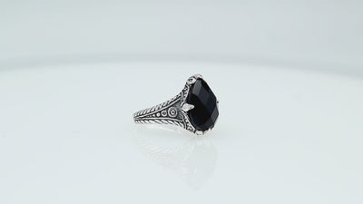 Sterling silver Black Onyx pear shape statement ring with handcrafted Balinese detailing