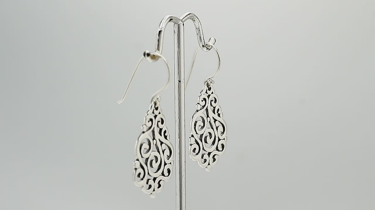 Silver Teardrop Filigree Earrings With Swirl Design