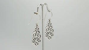 Silver Teardrop Filigree Earrings With Swirl Design