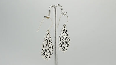 Silver Teardrop Filigree Earrings With Swirl Design