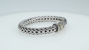 Sterling Silver & 18K Gold Bali Wheat Chain Bracelet Featuring Swirl Engraved Dual-Tone Clasp And Handcrafted Artisan Detailing