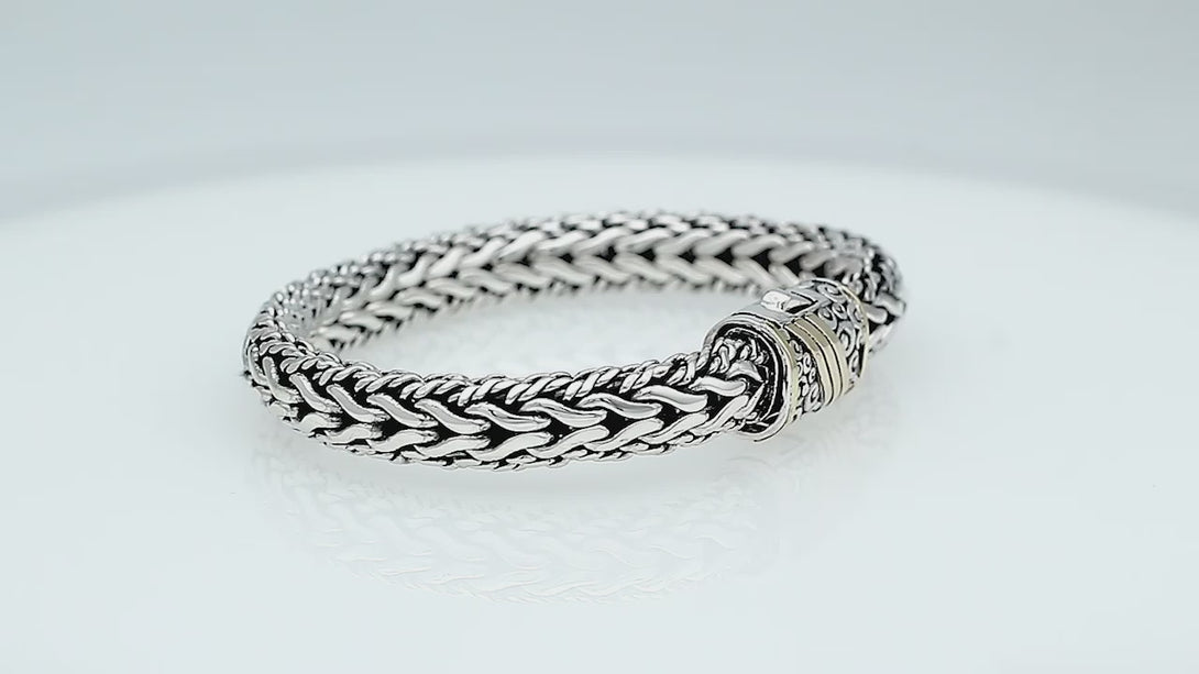 Sterling Silver & 18K Gold Bali Wheat Chain Bracelet Featuring Swirl Engraved Dual-Tone Clasp And Handcrafted Artisan Detailing