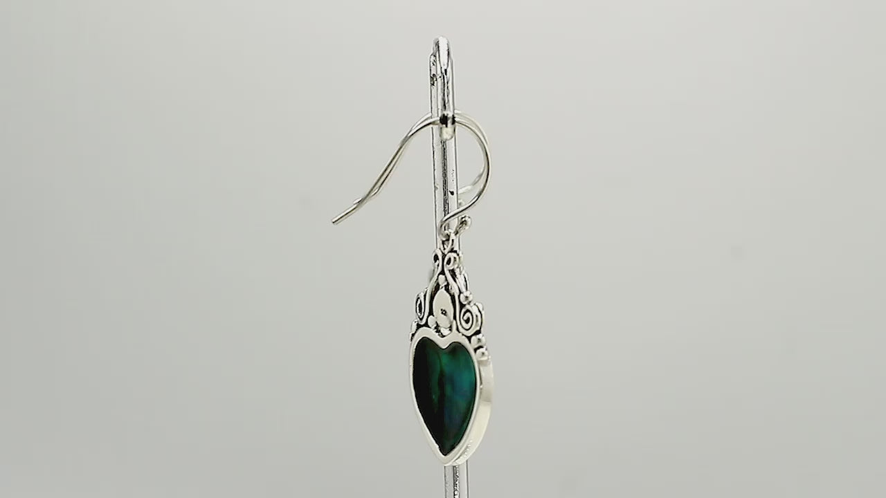 "Wholesale sterling silver heart earrings with abalone shell inlay and pearl accents, handcrafted Bali design for bulk jewelry collections"