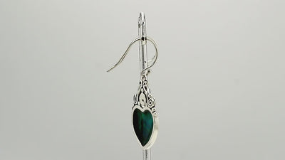 "Wholesale sterling silver heart earrings with abalone shell inlay and pearl accents, handcrafted Bali design for bulk jewelry collections"