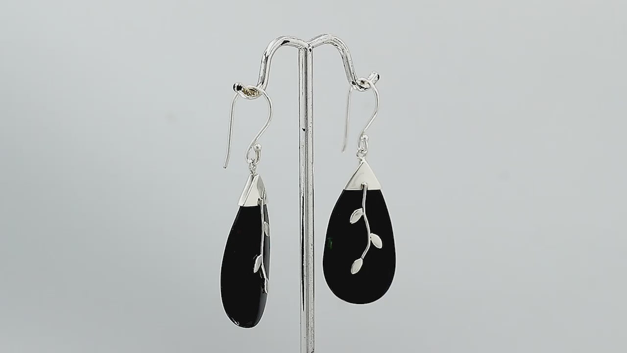 Black shell silver leaf motif dangle earrings