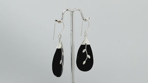 Black shell silver leaf motif dangle earrings